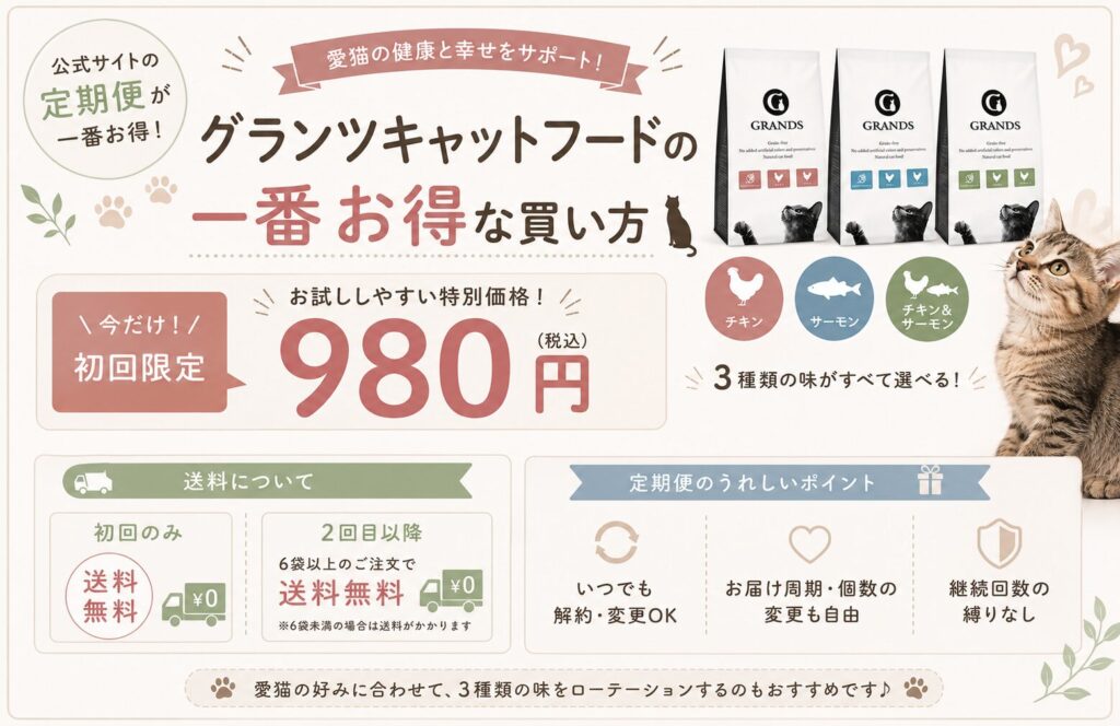 グランツキャットフードの一番オトクな買い方は公式サイトの定期便からです