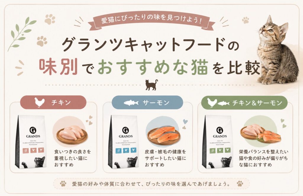 グランツキャットフードの味別で、おすすめな猫のタイプを比較します