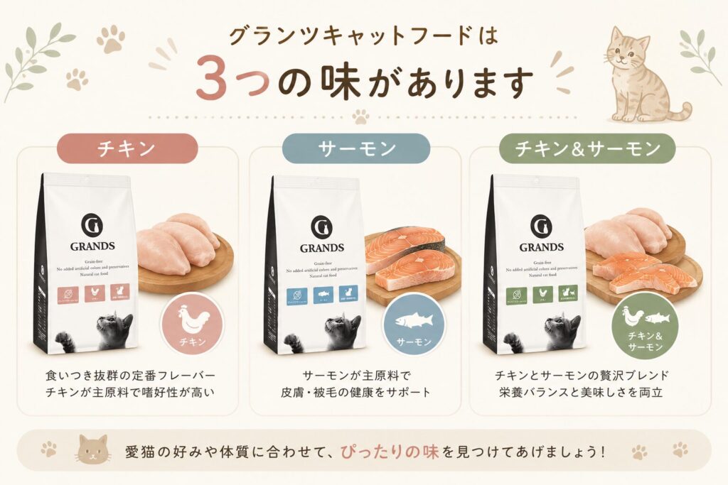 グランツキャットフードにはチキン、サーモン、チキン＆サーモンの3種類の味があります