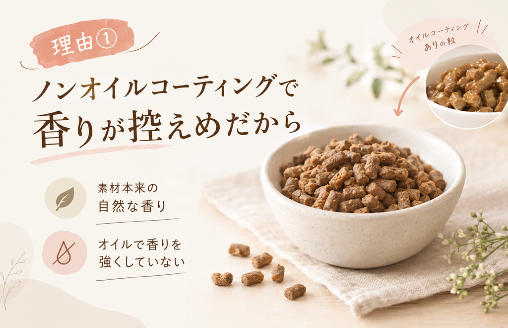 犬猫生活キャットフードはノンオイルコーティングで自然の香り